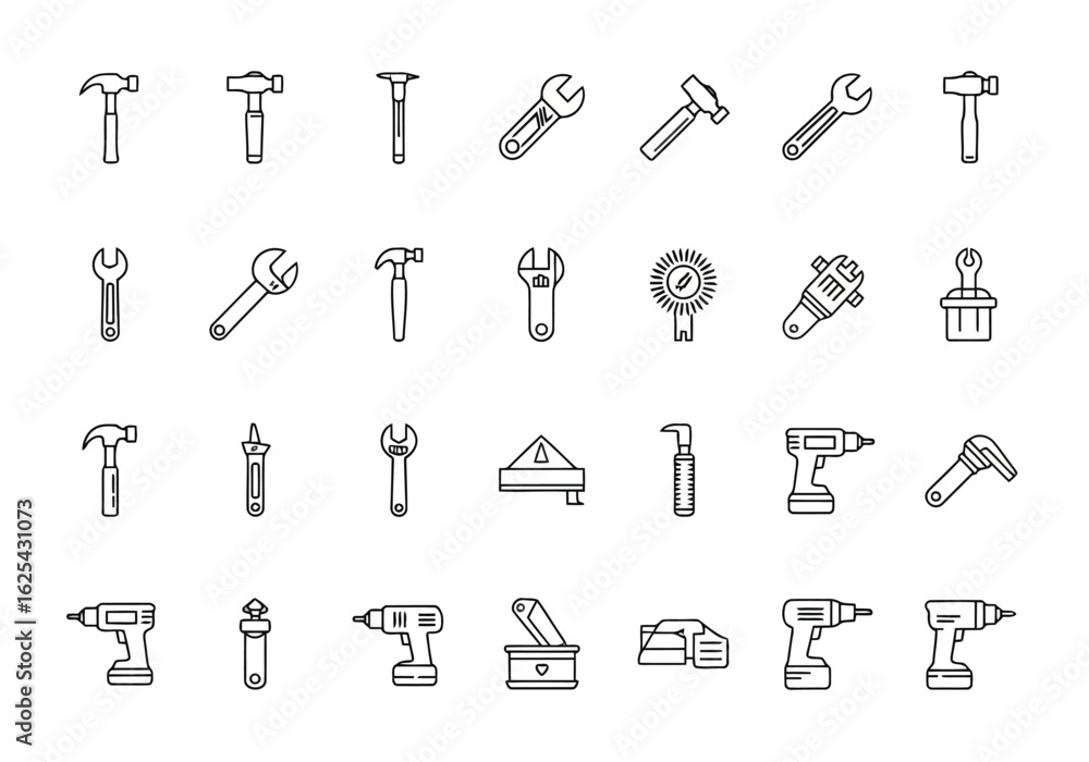 Obraz premium Set of construction and workshop tool icons in a minimalist black line art style.