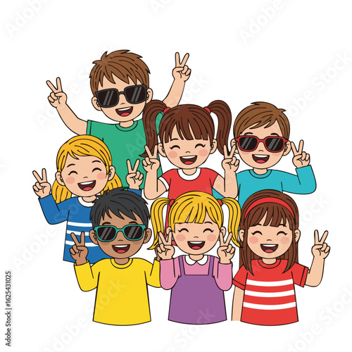 Colorful Cartoon Style Diverse Group of Happy Kids Illustration