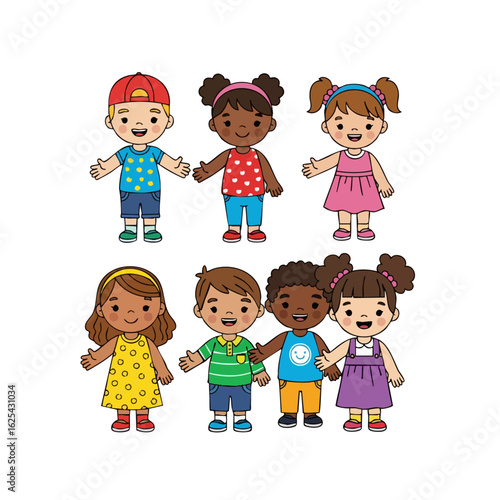 Colorful Flat Style Group of Diverse Children Illustration Set