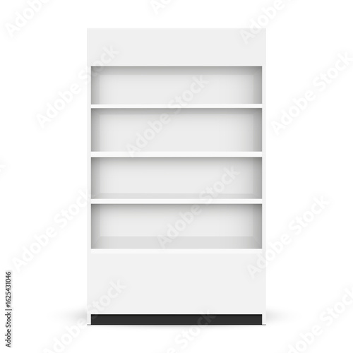 Realistic empty retail display with shelves mockup. Minimal white showcase with four levels for product placement in shop, pharmacy or supermarket. Isolated on white background