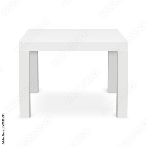 Minimal white table mockup. Front view of modern square table isolated on white background. Perfect for product placement, branding, or furniture design presentations