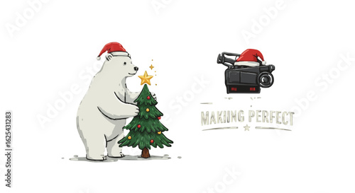 Polar bear in santa hat decorates christmas tree next to camera also wearing santa hat illustration