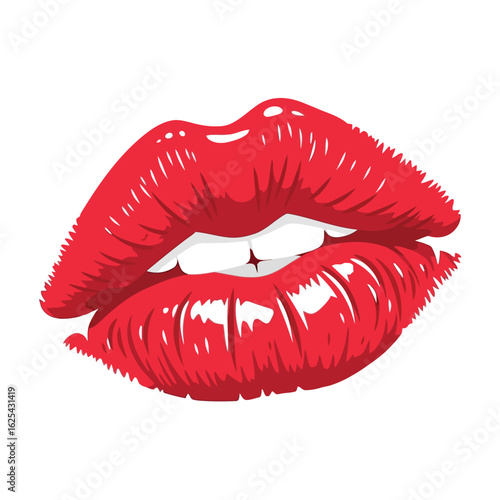 Stylized illustration of glossy red lips slightly parted to show teeth.