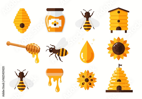Vibrant collection of honeybees, beehives, sunflowers, honey drops, and dippers evoke a natural, sweet, and buzzing apiary theme perfect for branding.