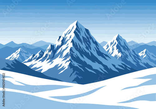 Stylized SnowCapped Mountain Range Winter Landscape Illustration.