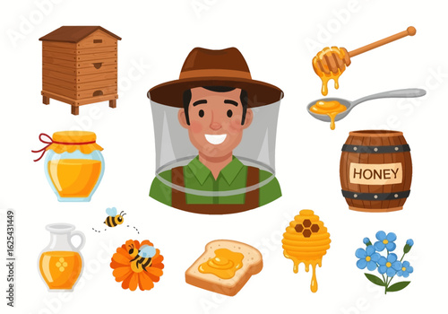 Joyful beekeeper surrounded by sweet honey products and buzzing bees, celebrating the bounty of nature and artisanal beekeeping.