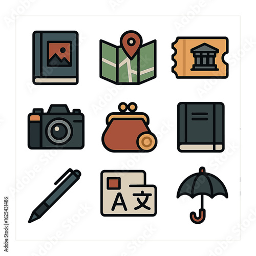 Cultural Trip Essentials. olid, filled icons set of flat lay cultural trip items: guidebook, map, museum