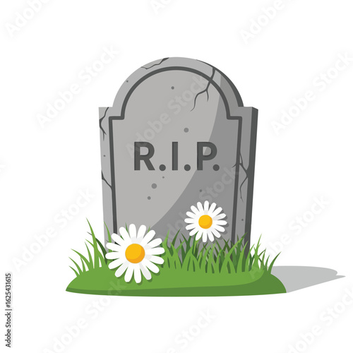 A cartoon gravestone with RIP inscription and daisies.