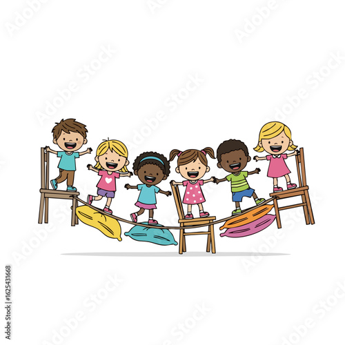 Playful Cartoon Kids Balancing on Chairs and Surfboards Illustration