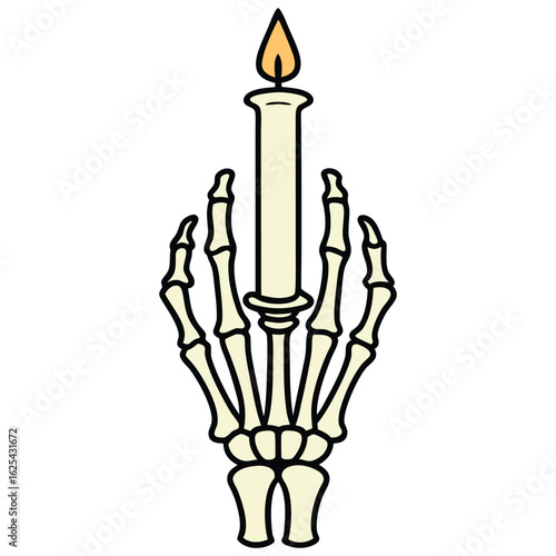Illustration of a skeleton hand holding a candle with a burning flame
