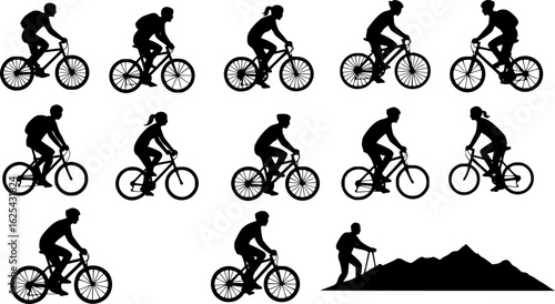 cyclist vector icon. collection of silhouettes of people cycling in different positions. bike, cycle, cyclist, ride, vector, bicycle, man, icon, people, illustration, woman, girl, boy, mountain