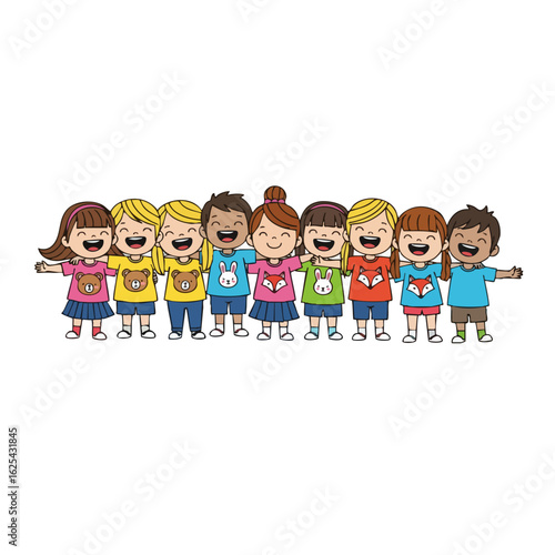 Colorful Cartoon Style Smiling Children Illustration Diverse Group Standing Together