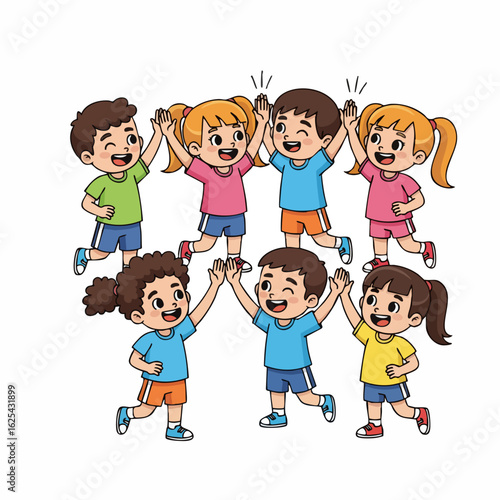 Cartoon Style Cheerful Children Giving High Five Friendship Celebration Illustration