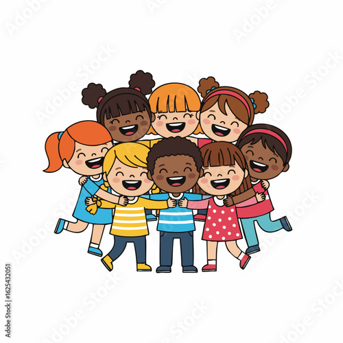 Cartoon Style Happy Smiling Diverse Group of Children Illustration
