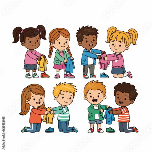 Cartoon Style Group of Diverse Children Giving Clothes Donation Illustration