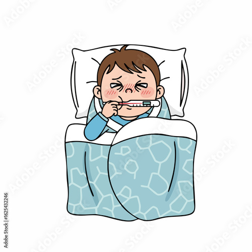 Cartoon Hand Drawn Sick Boy Lying in Bed Illness Illustration
