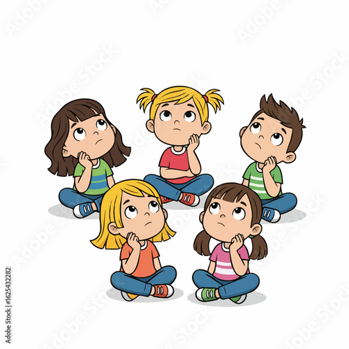 Cartoon Style Diverse Group of Children Thinking Together Education Illustration