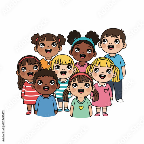 Cute Cartoon Style Group of Children Illustration with Various Ethnicities