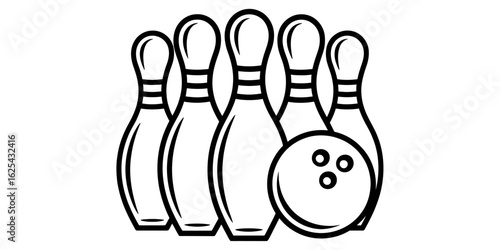 Bowling Pins and Ball Ready for Action Black and White Graphic Illustration Design Element for Sport and Recreation