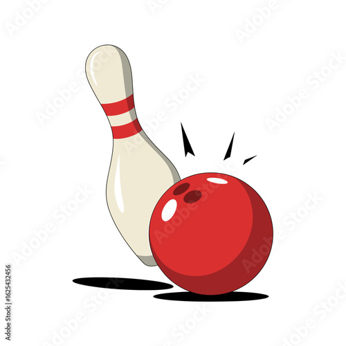 Illustration of a bowling pin about to be struck by a red bowling ball on a white background