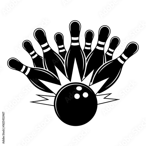 Monochrome bowling strike illustration with pins and ball representing the sport and recreational activity for bowling enthusiasts and fans