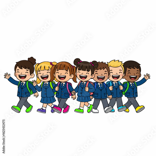 Cheerful Cartoon Group of School Children Characters Illustration Design