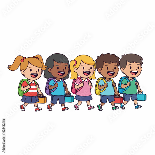 Colorful Cartoon Style Diverse Group of Students Walking to School Illustration