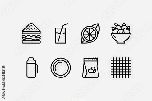 Eight minimalist icons for foods sandwich, drink, fruit, salad, thermal bottle, plate, snack bag, and grid pattern, adding visual appeal.