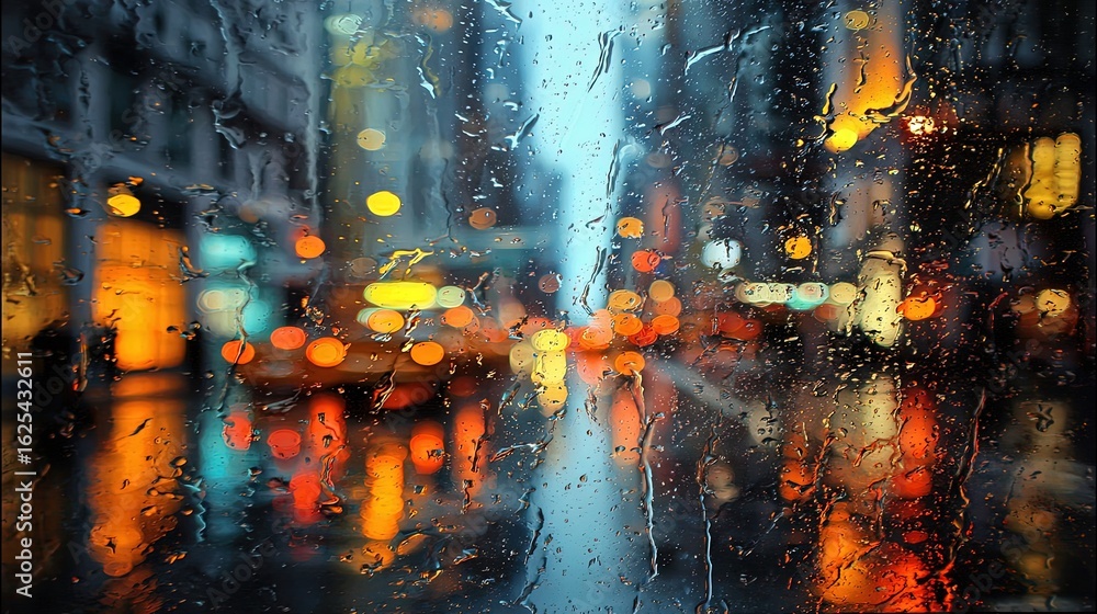 Obraz premium Rainy Night Cityscape Through Wet Window
