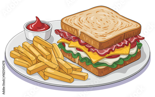 Delicious cartoon style sandwich with bacon cheese lettuce tomato served with fries and ketchup on a plate for lunch or dinner