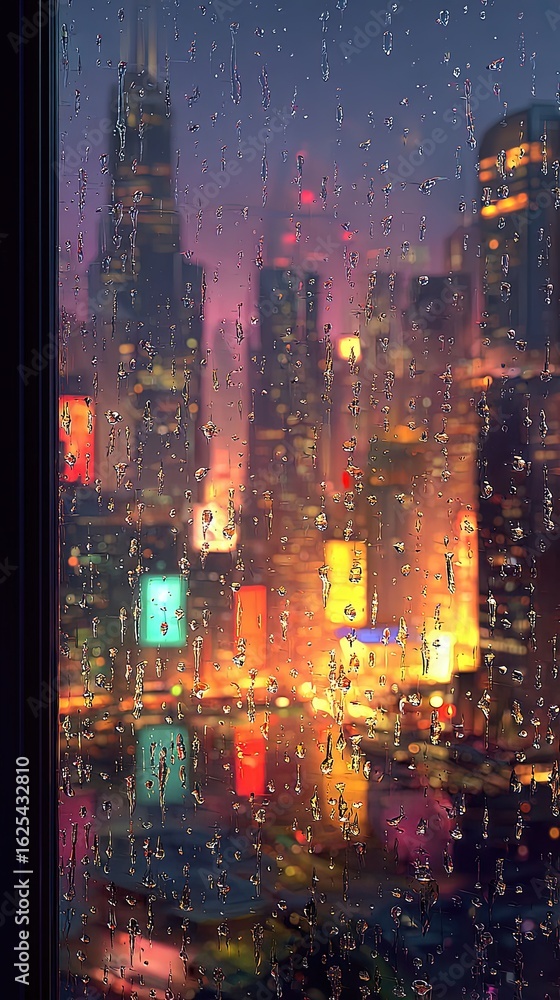 Obraz premium Rainy Night Cityscape View Through Window