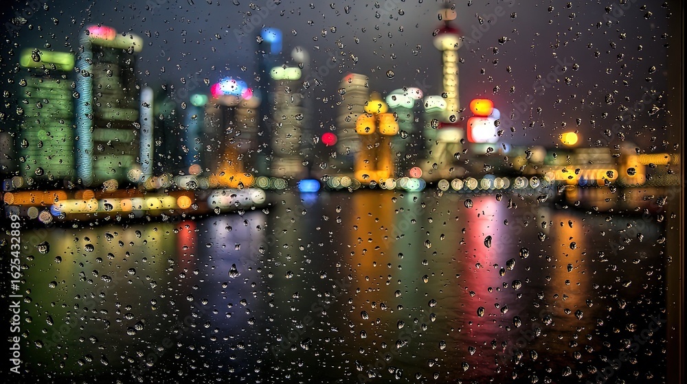 Obraz premium Rain Drops On Window At Night In Shanghai City