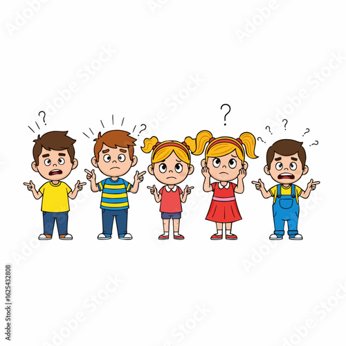 Cartoon Flat Illustration of Confused Children with Question Marks Character