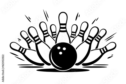 Bowling strike illustration showing a bowling ball crashing into pins for graphic designs and sports related creative projects and publications