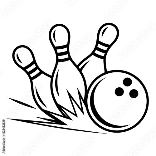 Strike in Bowling with Pins and Ball Illustration for Sports and Recreation Concepts and Designs Black and White Outline