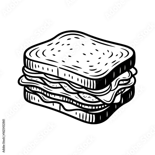 Delicious Looking Sandwich Detailed Black and White Illustration with Bread and Fillings Ready to Eat