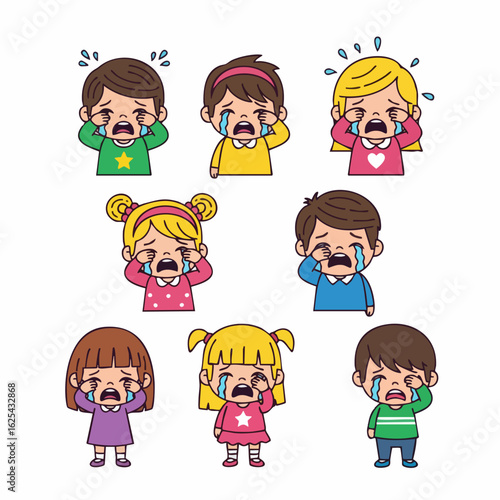 Cute Cartoon Crying Children Characters with Tears and Sad Expressions Illustration