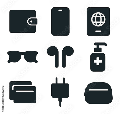 Minimalist Travel Essentials. olid, filled icons set of flat lay minimalist travel: wallet, phone, passport,