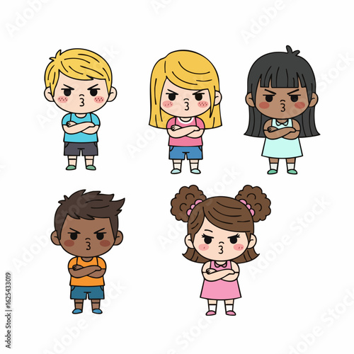 Flat Illustration Adorable Diverse Group of Angry Children Characters Design