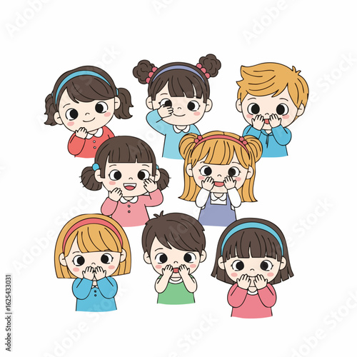 Cute Cartoon Illustration Group of Kids Covering Mouth Shame or Surprise Expression