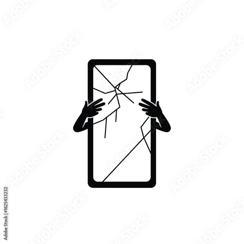 Smartphone with cracked screen held by hands showcasing damage and fragility of technology in a modern minimalistic design