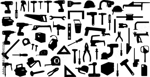 Set of building tools silhouette . Collection of appliances, Construction tools, Repair tools. power tools and Tools for professionals and builders. Black-white vector illustration