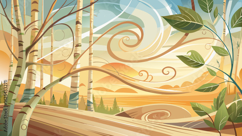 Delicate lines and subtle swirls define the birch board’s natural beauty. Light reflects gently on pale hues, forming a serene backdrop for semi-realistic vector scenes with organic elegance.