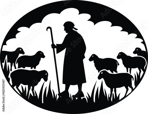 Shepherd Guiding Sheep In Meadow Silhouette