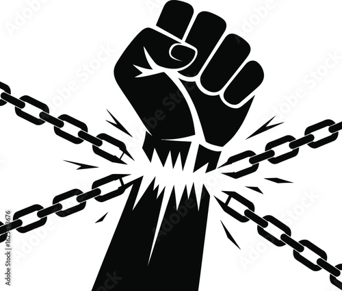 Powerful clenched fist breaking chains in a dramatic silhouette symbolizing freedom and overcoming oppression silhouette