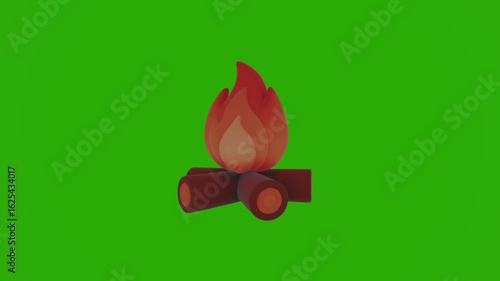 3D rendering of a campfire model dynamically rotating in a full 360-degree spin, vibrant chroma key green screen background, highly detailed reproduction in cartoon plastic illustration style  