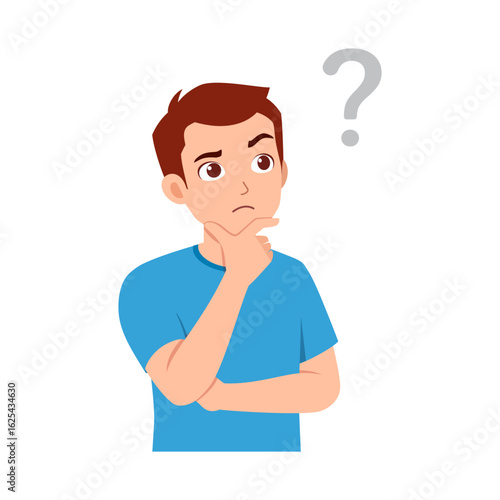 Young man in blue shirt thinking with hand on chin and question mark above head illustration