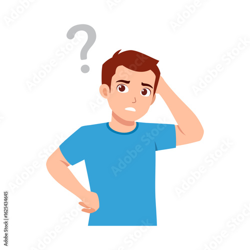 Confused man scratching head with question mark above. Thinking pose with doubtful expression.
