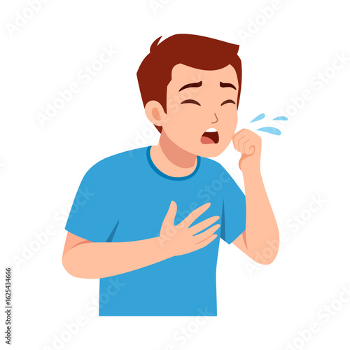 A sick boy coughing and covering his chest.  Healthcare illness concept