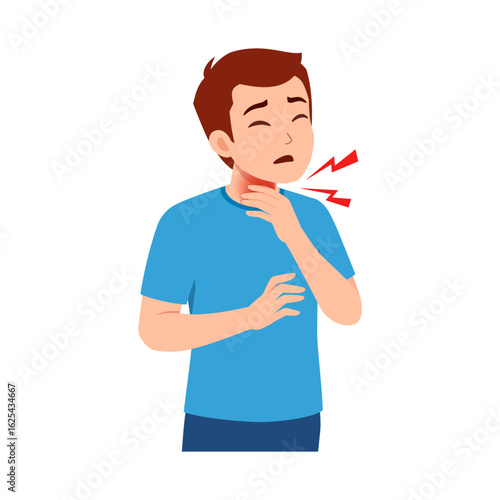 Young man feeling unwell with a sore throat holding his neck in pain illustration art